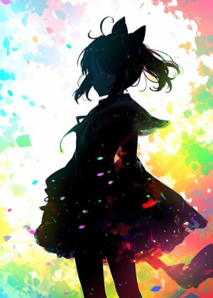 Anime Girl Silhouette in Vibrant Colors - Premium Wooden Framed Poster. Ready to Hang.