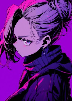 Purple Anime Girl Art Print - Premium Wooden Framed Poster. Ready to Hang.