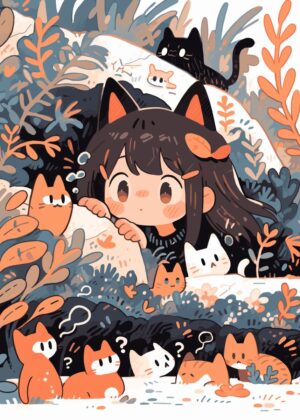 Kawaii Girl and Her Feline Friends - Premium Wooden Framed Poster. Ready to Hang.