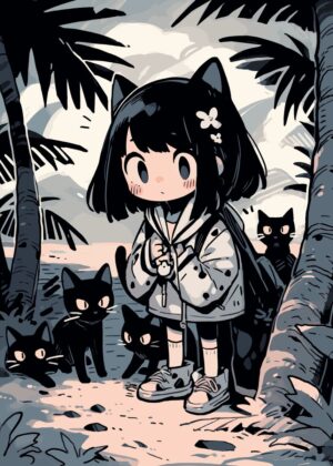 Kawaii Girl and Her Feline Friends - Premium Wooden Framed Poster. Ready to Hang.