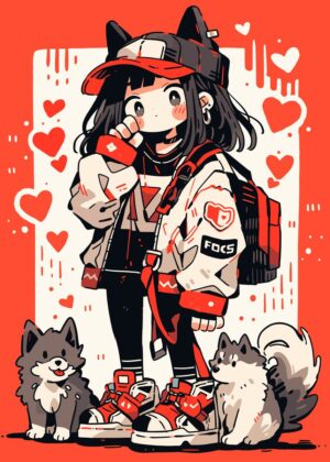Kawaii Girl and Her Adorable Dogs: A Cute Anime-Style Print - Premium Wooden Framed Poster. Ready to Hang.