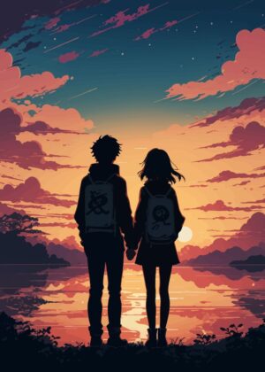 Romantic Sunset Couple Silhouette Art Print - Premium Wooden Framed Poster. Ready to Hang.