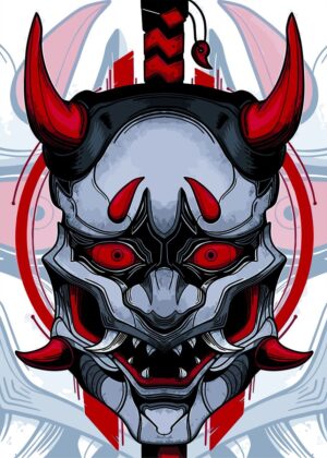 Oni Mask: Fierce Digital Art Print - Premium Wooden Framed Poster. Ready to Hang.