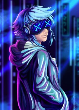 Cyberpunk Anime Boy: Neon City Dreams - Premium Wooden Framed Poster. Ready to Hang.