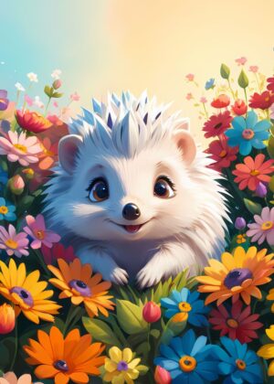 Adorable Hedgehog in a Flower Garden: A Delightful Digital Art Print - Premium Wooden Framed Poster. Ready to Hang.