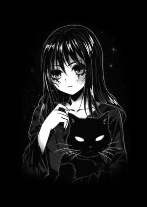 Anime Cat Girl: Dark and Mysterious - Premium Wooden Framed Poster. Ready to Hang.