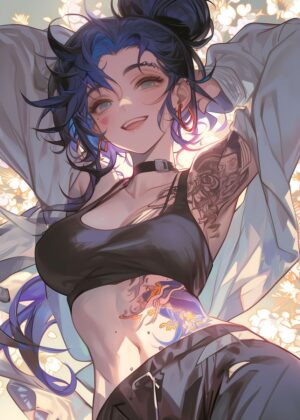 Anime Girl with Tattoos: A Stunning Artwork - Premium Wooden Framed Poster. Ready to Hang.