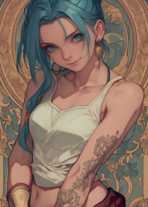 Anime Nouveau Girl Waifu Art Print - Premium Wooden Framed Poster. Ready to Hang.