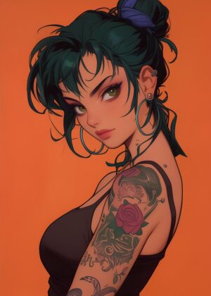 Inked Anime Girl WAIFU Art Print - Premium Wooden Framed Poster. Ready to Hang.