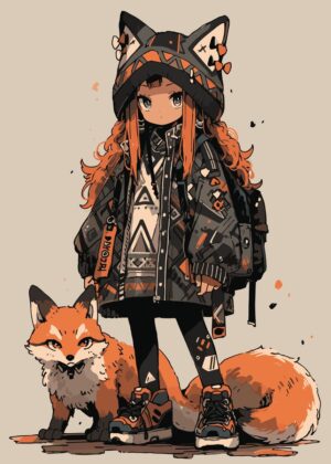 Kawaii Girl and Fox: Adorable Anime Art Print - Premium Wooden Framed Poster. Ready to Hang.