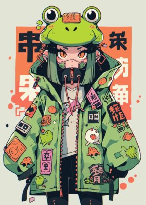 Kawaii Anime Girl Frog Hat Illustration - Premium Wooden Framed Poster. Ready to Hang.