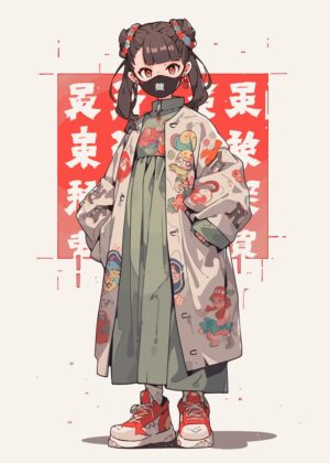 Kawaii Anime Girl in Traditional Chinese Clothing - Premium Wooden Framed Poster. Ready to Hang.