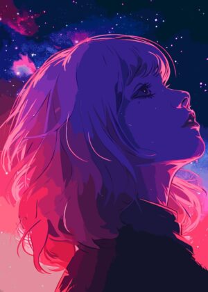 Celestial Dreamscape: A Girl Gazing at the Stars - Premium Wooden Framed Poster. Ready to Hang.