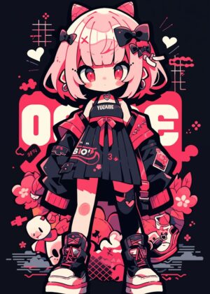 Kawaii Pop Girl: Vibrant Anime Art Print - Premium Wooden Framed Poster. Ready to Hang.