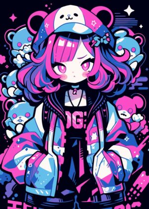 Kawaii Pop Girl: Vibrant Anime Art Print - Premium Wooden Framed Poster. Ready to Hang.