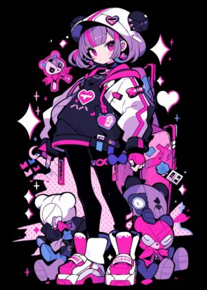 Kawaii Pop Girl: Vibrant Anime Art Print - Premium Wooden Framed Poster. Ready to Hang.