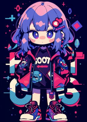 Kawaii Pop Girl: Vibrant Digital Art Print - Premium Wooden Framed Poster. Ready to Hang.