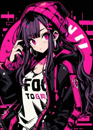 Kawaii Pop Girl: Vibrant Anime Art Print - Premium Wooden Framed Poster. Ready to Hang.