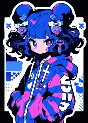 Kawaii Pop Girl: Vibrant Digital Art Print - Premium Wooden Framed Poster. Ready to Hang.
