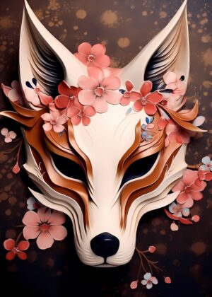 Kitsune Fox Mask: Mystical Art Print - Premium Wooden Framed Poster. Ready to Hang.