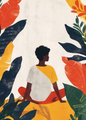 Minimalist Boy in a Garden of Vivid Hues - Premium Wooden Framed Poster. Ready to Hang.