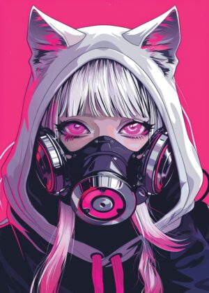 Anime Cat Girl with Gas Mask: Neon Pink Cyberpunk Art Print - Premium Wooden Framed Poster. Ready to Hang.