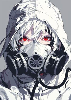 Anime Girl in Gas Mask: Striking Digital Art Print - Premium Wooden Framed Poster. Ready to Hang.
