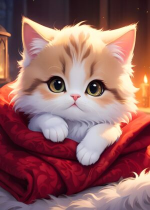 Adorable Kitten in Red Blanket - Digital Art Print - Premium Wooden Framed Poster. Ready to Hang.