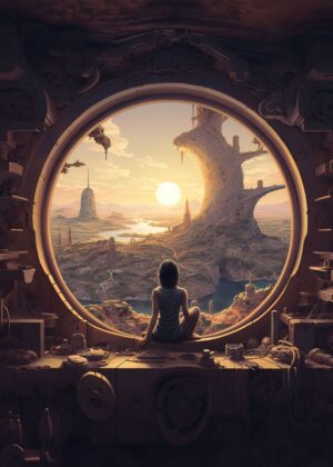 Sunset Solitude: A Fantasy Landscape - Premium Wooden Framed Poster. Ready to Hang.