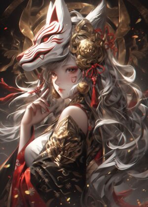 Kitsune Spirit: Anime Demon Maid Artwork - Premium Wooden Framed Poster. Ready to Hang.