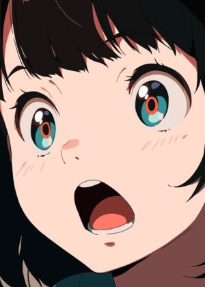 Excited Retro Anime Girl Art Print - Premium Wooden Framed Poster. Ready to Hang.