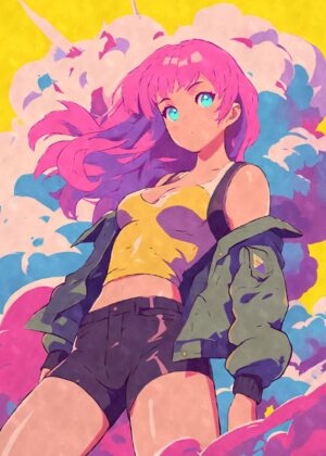 Kawaii Anime Girl Tank Top Art Print - Premium Wooden Framed Poster. Ready to Hang.