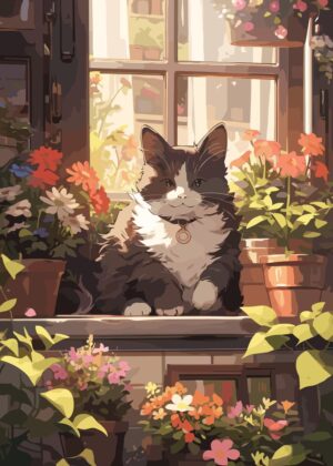 Serene Cat in a Window Box of Flowers - Anime Art Print - Premium Wooden Framed Poster. Ready to Hang.