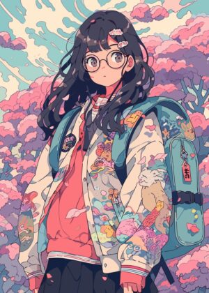 Kawaii Anime Girl in Blossoming Spring - Premium Wooden Framed Poster. Ready to Hang.