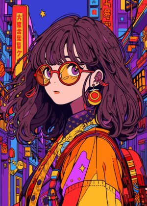 Vibrant Anime Girl in a Neon Cityscape - Premium Wooden Framed Poster. Ready to Hang.