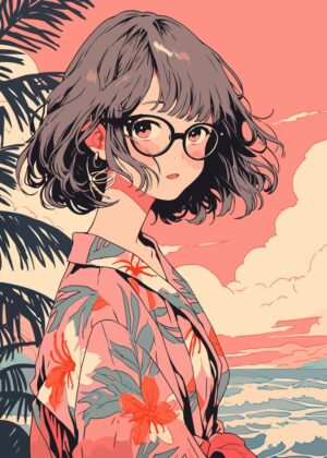 Beach Sunset Anime Girl Art Print - Premium Wooden Framed Poster. Ready to Hang.