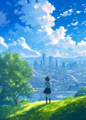 Anime Girl Overlooking Cityscape - Digital Art Print - Premium Wooden Framed Poster. Ready to Hang.