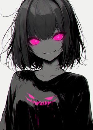 Anime Girl with Pink Eye Glow - Premium Wooden Framed Poster. Ready to Hang.