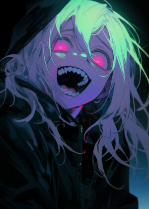 Crazy Laughs: Anime Girl Digital Art Print - Premium Wooden Framed Poster. Ready to Hang.