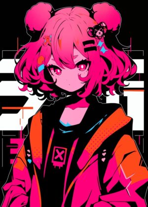 Kawaii Pop Girl: Vibrant Anime Art Print - Premium Wooden Framed Poster. Ready to Hang.