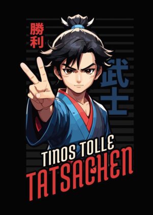 Anime Boy with Peace Sign and Japanese Calligraphy - Premium Wooden Framed Poster. Ready to Hang.