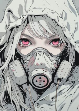 Anime Girl in Gas Mask: Stylish Cyberpunk Art - Premium Wooden Framed Poster. Ready to Hang.