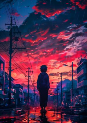 In the Rain: A Melancholic Anime Cityscape - Premium Wooden Framed Poster. Ready to Hang.