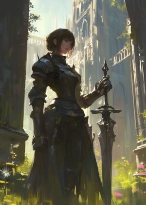 Anime Girl Warrior: A Moment of Reflection - Premium Wooden Framed Poster. Ready to Hang.