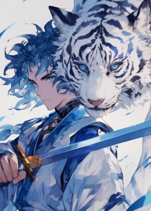 White Tiger Warrior: Anime Art Print - Premium Wooden Framed Poster. Ready to Hang.