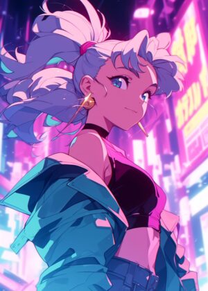 Neon Dreams: Anime Girl in Cyberpunk Cityscape - Premium Wooden Framed Poster. Ready to Hang.
