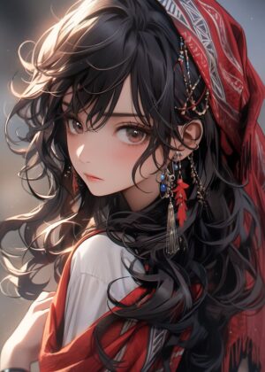 Kawaii Anime Girl with Red Scarf Art Print - Premium Wooden Framed Poster. Ready to Hang.