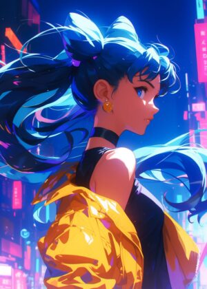 Cyberpunk Anime Girl: Electric Dreams - Premium Wooden Framed Poster. Ready to Hang.