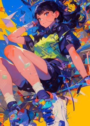 Futuristic Anime Girl: Vibrant Digital Art Print - Premium Wooden Framed Poster. Ready to Hang.
