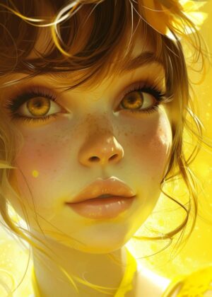 Sun-Kissed Anime Girl with Golden Eyes - Premium Wooden Framed Poster. Ready to Hang.